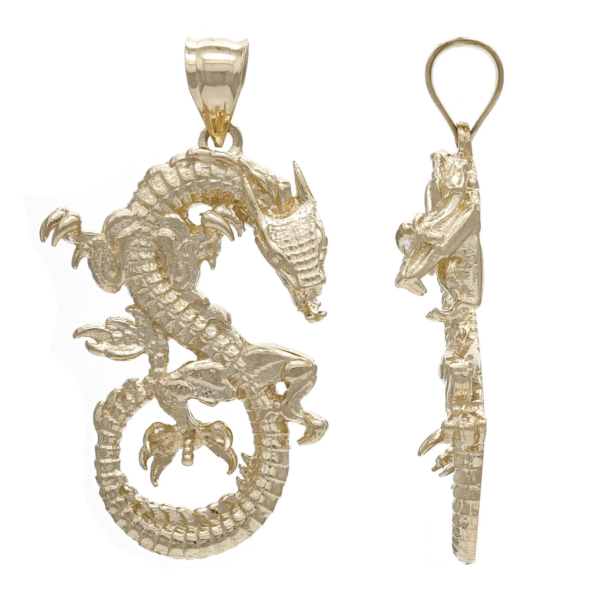 14k Yellow White Gold Solid 3D Good Luck Dragon Pendant 1.5"