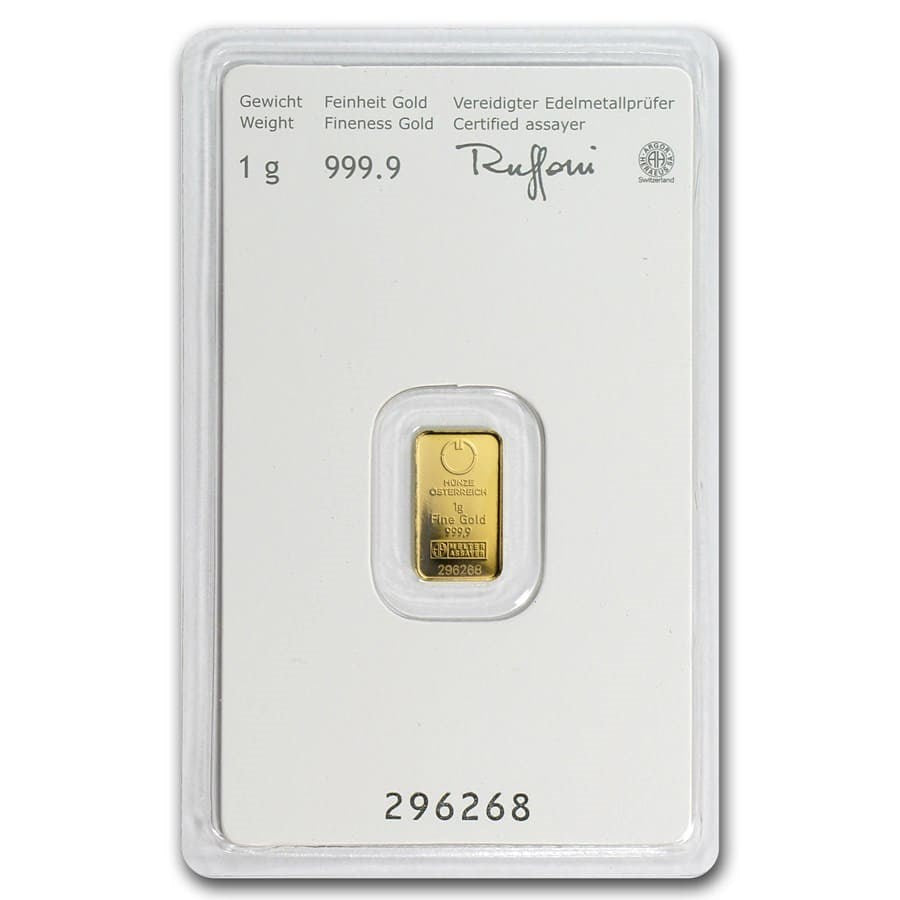 1 gram Gold Bar - Austrian Mint Kinebar Design
