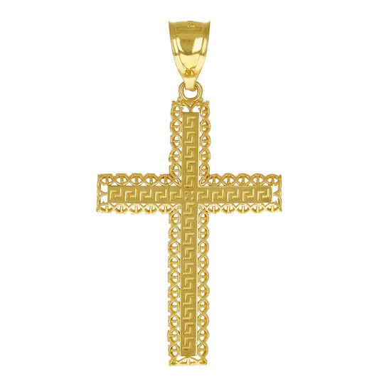 14k Yellow Gold Greek 3D Cross Pendant 1.7"