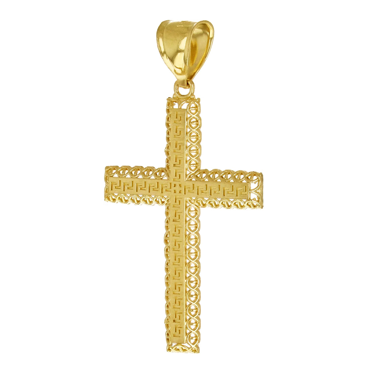 14k Yellow Gold Greek 3D Cross Pendant 1.7"