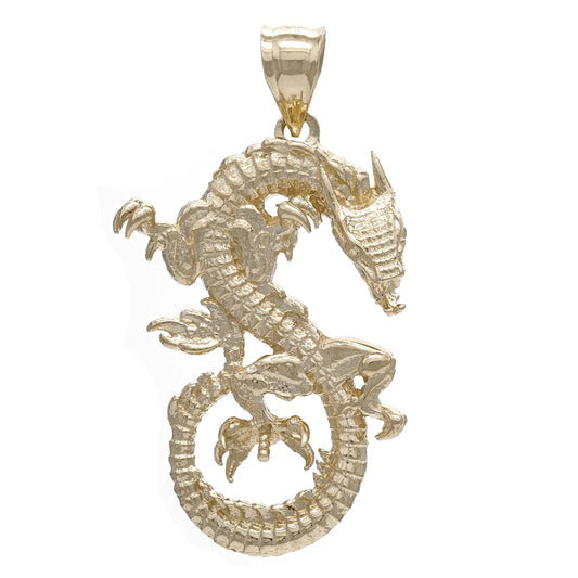 14k Yellow White Gold Solid 3D Good Luck Dragon Pendant 1.5"