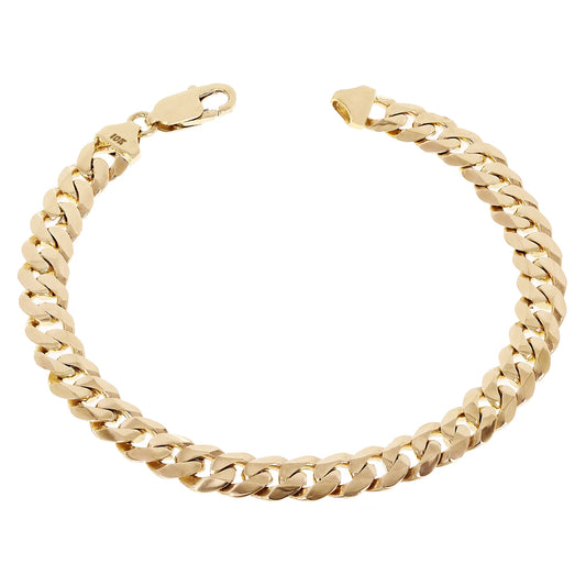 A polished yellow gold Cuban link chain bracelet with a lobster clasp, displayed in a curved shape on a solid white background.
