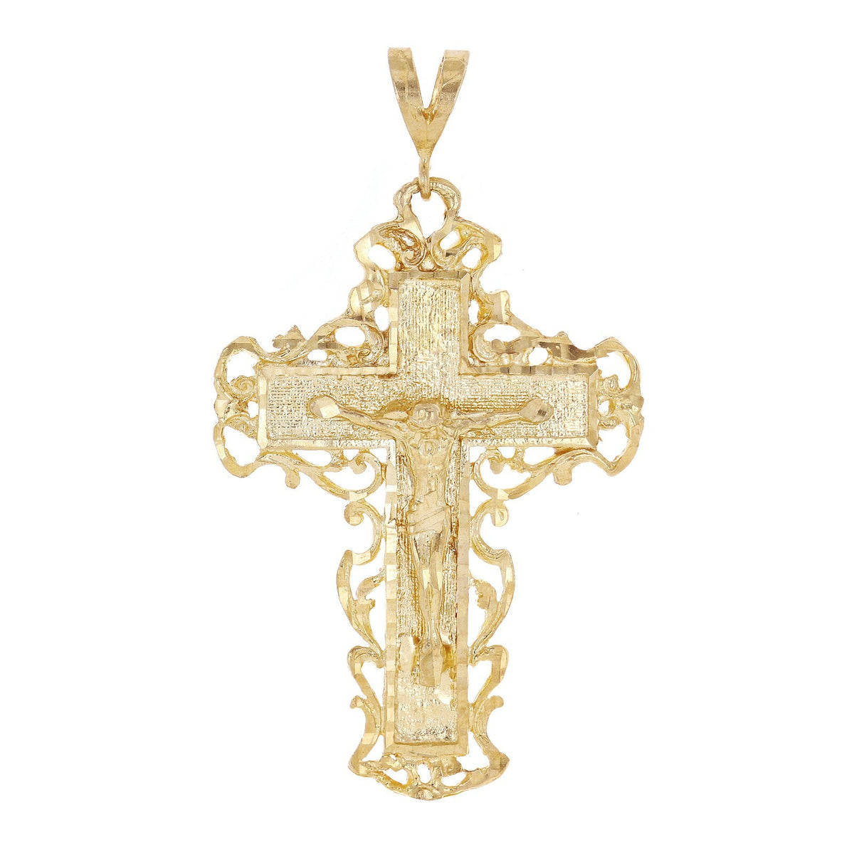 A gold cross pendant featuring a textured central panel with a detailed figure of Jesus Christ, surrounded by ornate filigree scrollwork and a decorative bail at the top, shown against a plain white background.