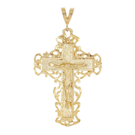 A gold cross pendant featuring a textured central panel with a detailed figure of Jesus Christ, surrounded by ornate filigree scrollwork and a decorative bail at the top, shown against a plain white background.